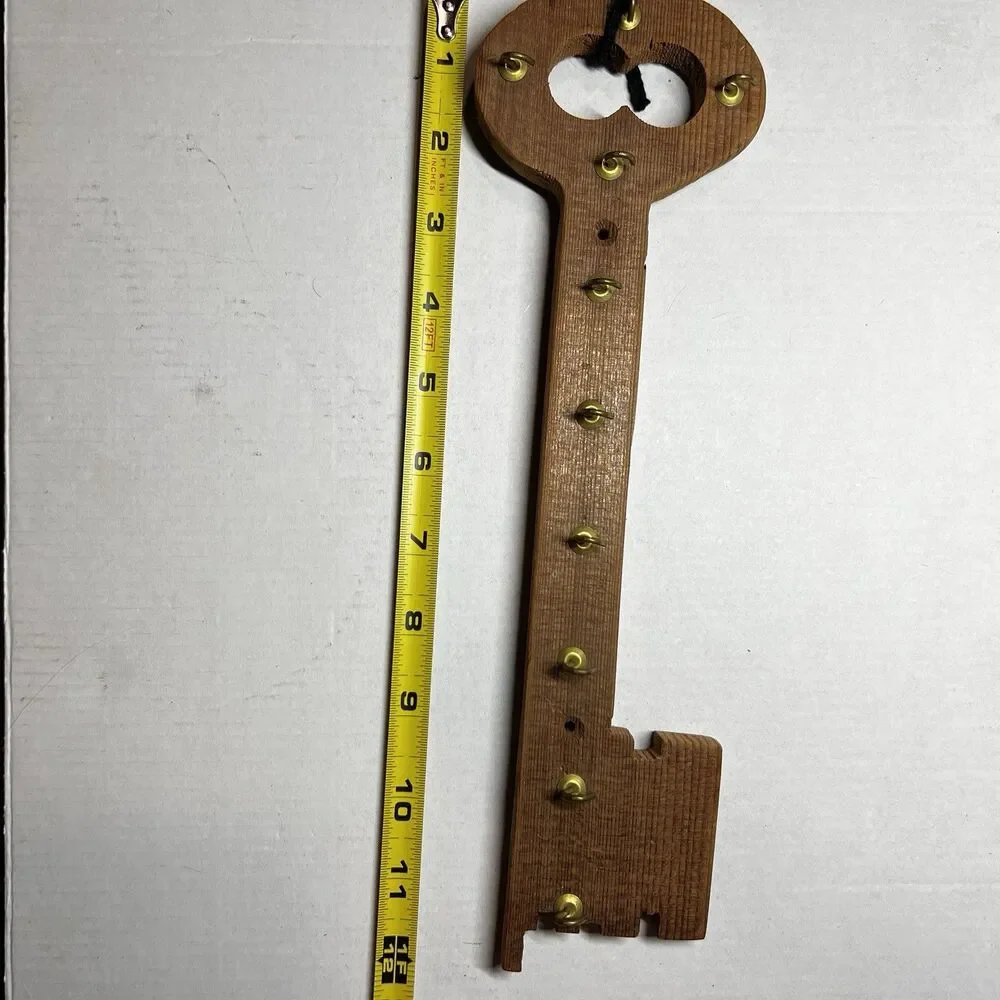 Vintage Wooden Key Shaped Wall Key Holder Rack 10 Brass Hooks Lightweight Rustic